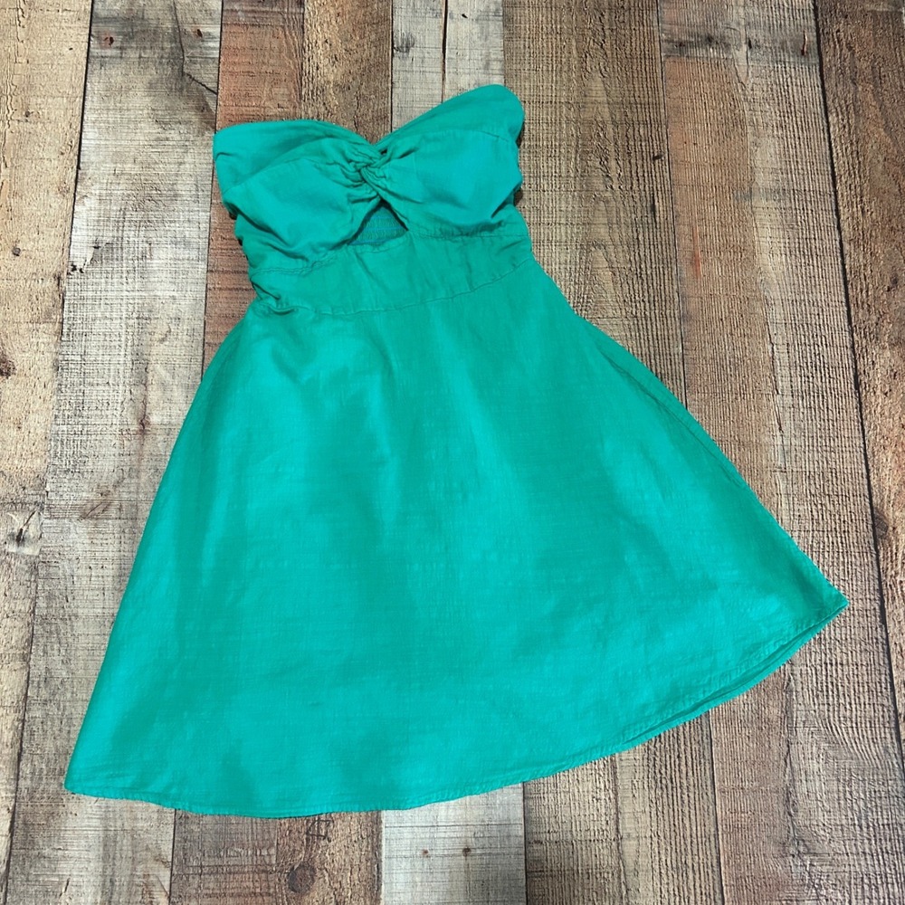 Blanco By Nature Green Cotton Strapless Mini Dress Smocked Cutout Small Boho